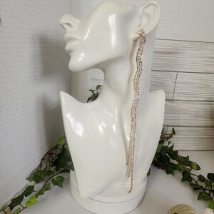 Extra Long Gold with Clear Rhinestones Dangle Shoulder Duster Bling Earrings